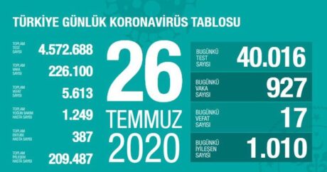 Türkiye’de Kovid-19’dan 209 bin 487 kişi iyileşti