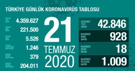 Türkiye’de iyileşenlerin sayısı 221 bin 500’e yükseldi