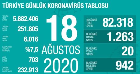 Türkiye’de 1263 kişide daha Kovid-19 tespit edildi